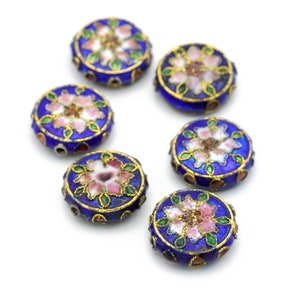 Vintage Cloisonne Large Blue and Gold Floral Disc Shaped Cloisonné Beads 18mm 4pcs