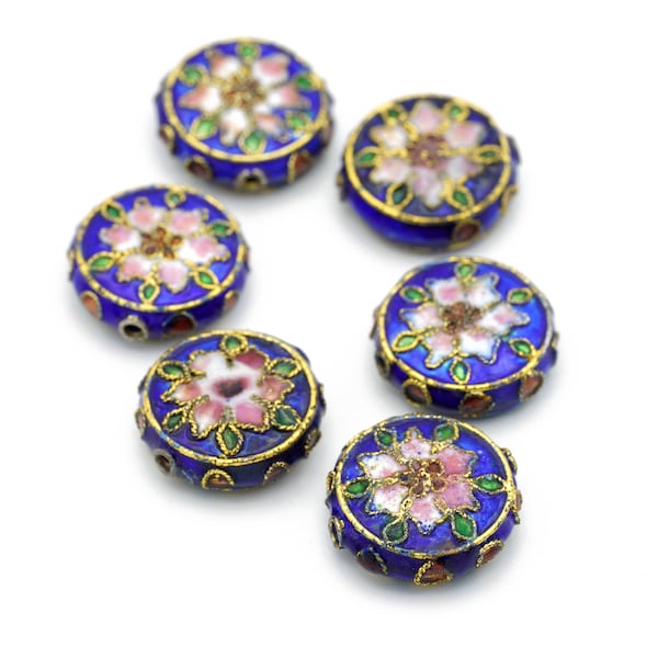 Vintage Cloisonne Large Blue and Gold Floral Disc Shaped Cloisonné Beads 18mm 2pcs