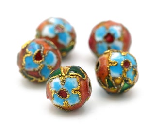 Vintage Cloisonné Round Beads in Gold and Orange with Blue and White  10mm 5 pcs