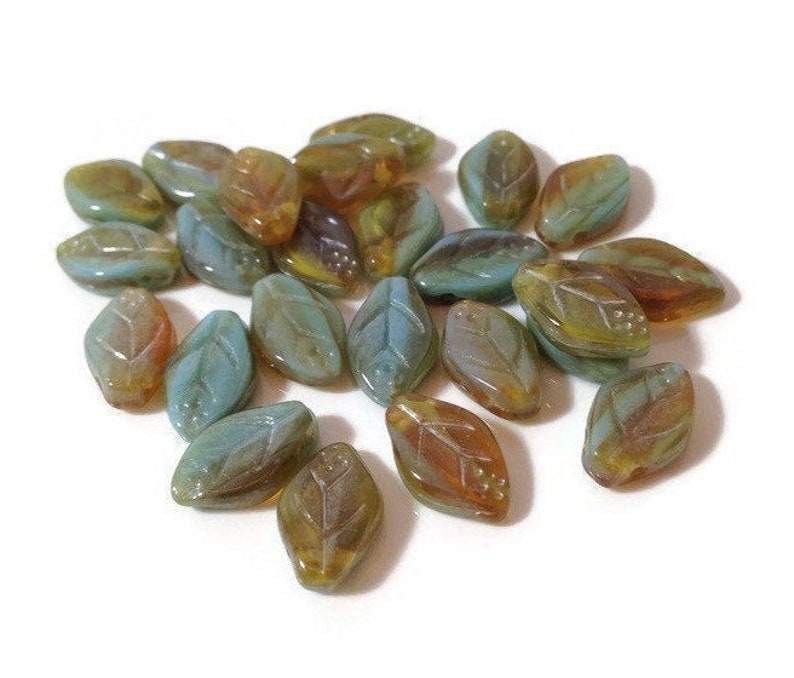 Czech Glass Leaves Green Brown Turquoise Czech Leaves, Leaf Beads 8x12mm 12pcs image 1