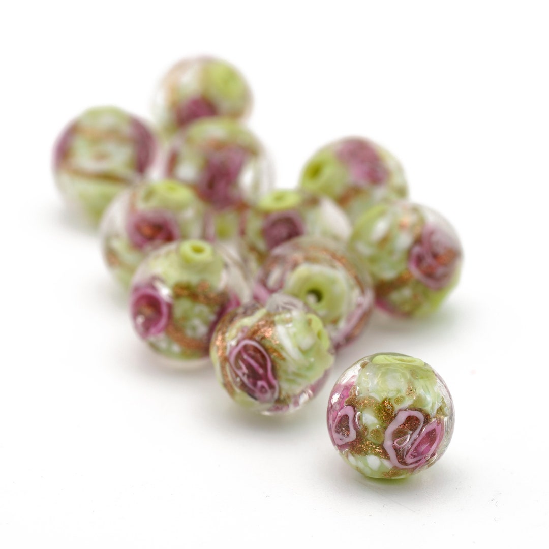 Round Green and Rose Gold Sparkle Venetian Murano Glass Beads, Lampwork ...