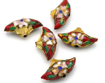 Vintage Cloisonne Große Rot Florale Fächerförmige Cloisonné Perlen 14 x 24 mm 4Stk