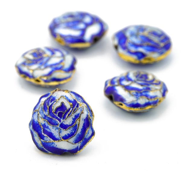 Vintage Cloisonné Rose Shaped Bead in Blue  with a beautiful design 20mm 5pcs