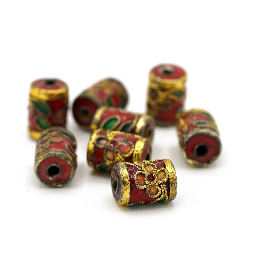 Vintage Genuine Cloisonné Beads Barrel Shaped Beads Red Colors 7x10mm