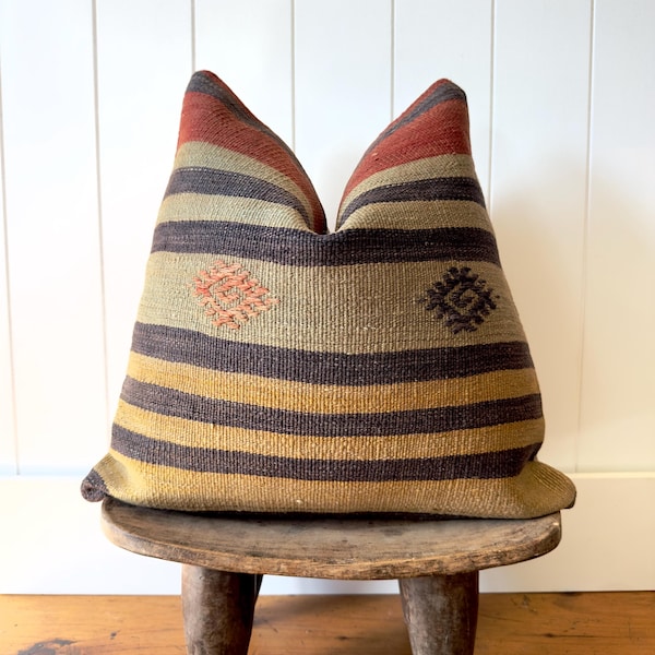 Handmade Vintage Kilim Pillow Cover |18x18 Striped Cushion | Wool Turkish Rug Remnant | Rustic Boho Farmhouse Home Decor Throw Pillow Fall