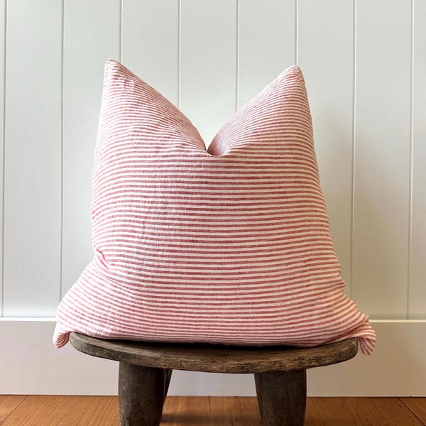 Striped Red Linen Pillow Cover | 100% Linen with Cotton Back | Neutral Throw Pillow for Sofa, Bed or Couch | Handmade Natural Farmhouse L2