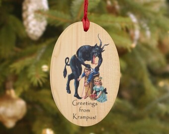 Krampus Ornament, Christmas, Horror Fan, Scary Goth Gift, Vintage Art, Natural Wood, White elephant, Funny present Wooden Magnet, bad santa