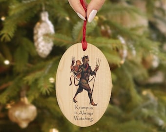 Krampus Ornament, Christmas, Horror Fan, Scary Goth Gift, Wooden Magnet Krampus is always watching Natural Wood funny white elephant present