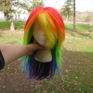 May include: A rainbow colored wig with long, straight hair. The wig is on a styrofoam head and is being held by a hand.