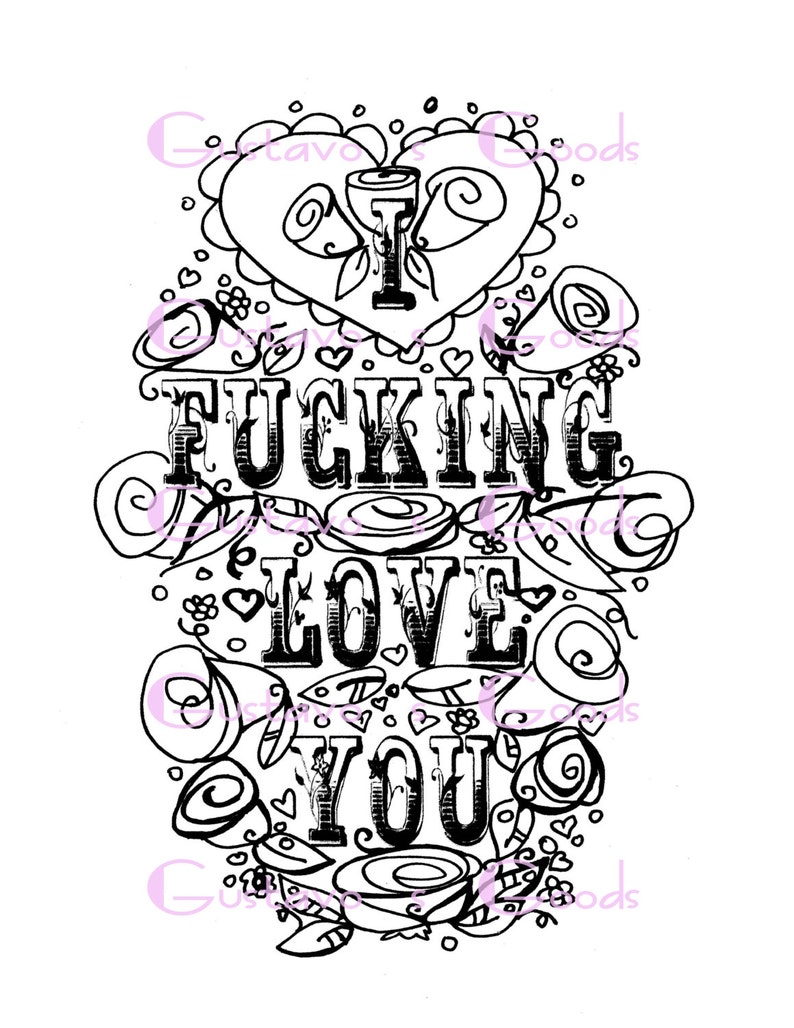 Adult Coloring Page, Valentine's Day, Curse, swear, sheet, I fcking love you, anniversary. funny i love you, diy, sweary, love printable image 2