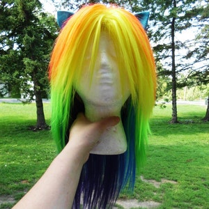 May include: A long, rainbow-colored wig with blue ear-shaped clips. The wig is styled with long, straight strands of yellow, orange, green, blue, and purple hair.