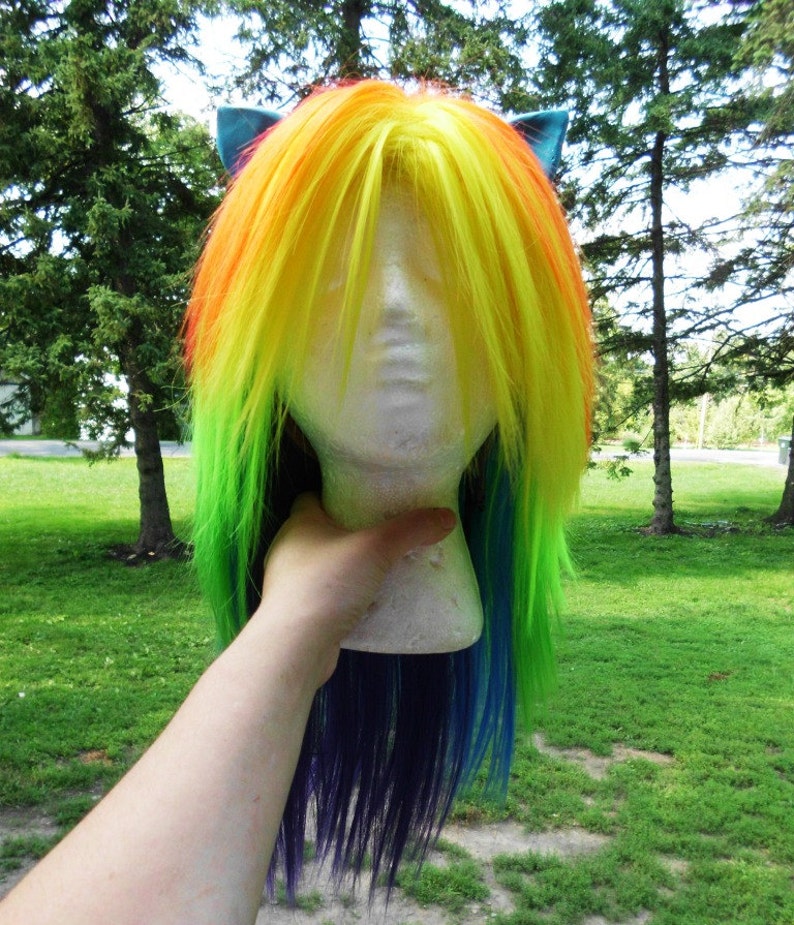May include: A long, rainbow-colored wig with blue ear-shaped clips. The wig is styled with long, straight strands of yellow, orange, green, blue, and purple hair.