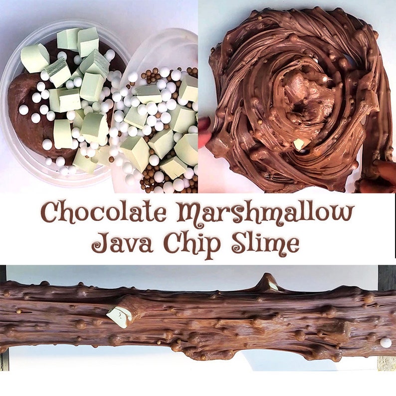 Puede incluir: Slime de chocolate con malvavisco y chispas de chocolate, con malvaviscos blancos y marrones y chispas de chocolate blanco. El slime es marr&oacute;n y tiene una textura suave.
