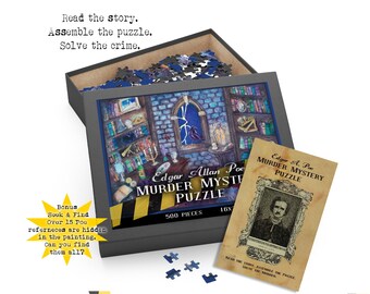 May include: A 500-piece jigsaw puzzle featuring a dark, illustrated scene of a room with a broken window, bookshelves, and a table with various objects. The puzzle box is black with yellow warning tape and the text "Edgar Allan Poe Murder Mystery Puzzle".