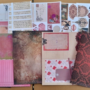 Kit de carnets vintage éphémères rouges gothiques romantiques 10 feuilles, magie des fées, étiquettes, cartes, publicités, papiers de scrapbooking, timbres, enveloppes, mots