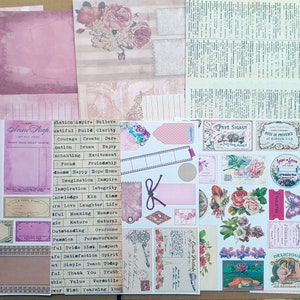 Junk Journal Kit Vintage Ephemera Shabby Pink Flowers 10 Sheets, Tags, Cards, Adverts, Scrapbook Papers Stamps Words Postcards Fussy Cut