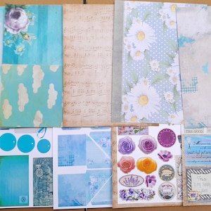 Kit de journal indésirable vintage Ephemera Aqua bleu clair feuilles, étiquettes, cartes, publicités, papiers de scrapbooking Tampons mots Cartes postales Coupe soignée