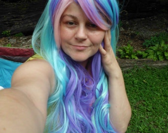 Pastel Rainbow Curly Wig: Long Multicolor Cosplay Wig