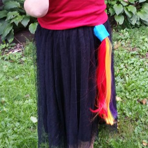 May include: A black tulle skirt with a rainbow colored ponytail attached to the back.