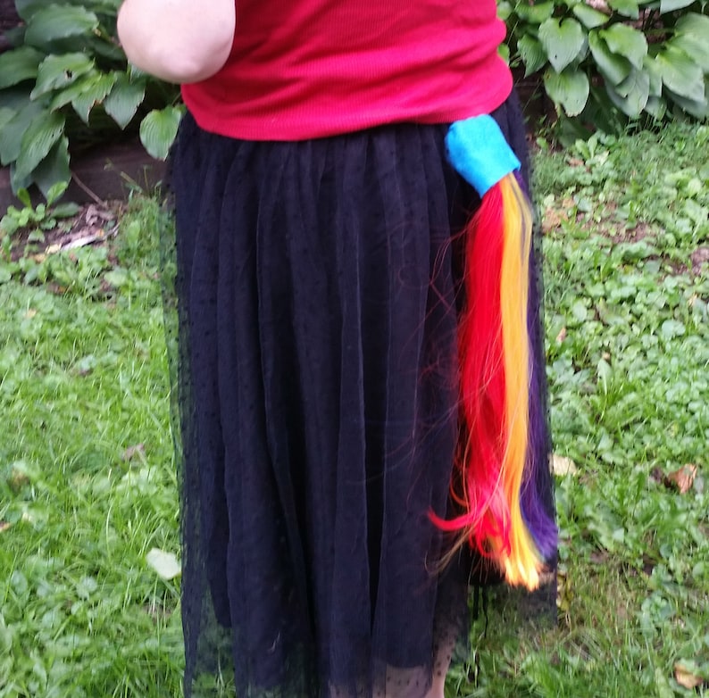 May include: A black tulle skirt with a rainbow colored ponytail attached to the back.