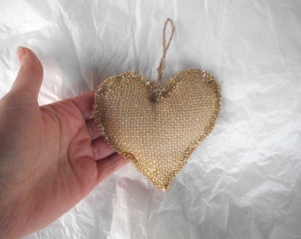 Burlap Ornaments, Shabby Chic Christmas Ornaments, burlap heart ornament, Rustic Christmas Ornament, burlap and glitter christmas ornaments