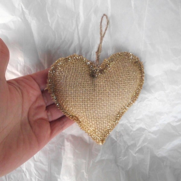 Burlap Ornaments, Shabby Chic Christmas Ornaments, burlap heart ornament, Rustic Christmas Ornament, burlap and glitter christmas ornaments