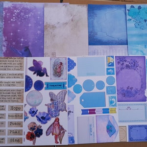 Kit de carnets vintage éphémères bleu violet 10 feuilles, magie des fées, étiquettes, cartes, publicités, papiers de scrapbooking Timbres ACEO Enveloppes Mots