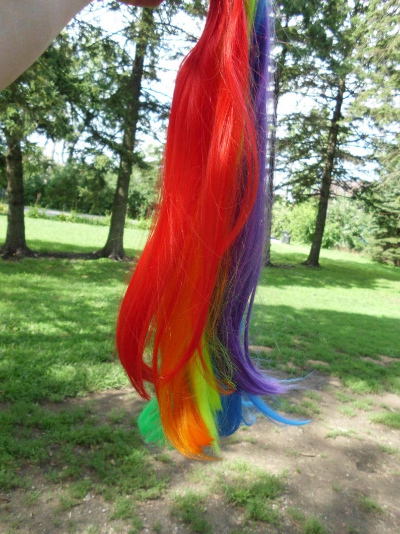 May include: A rainbow-colored hair extension with red, orange, yellow, green, blue, and purple strands. The extension is made of synthetic hair and is about 12 inches long.