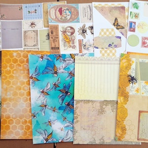 Kit de carnets de voyage vintage éphémères jaune abeille 10 feuilles Cartes, publicités, papiers de scrapbooking Tampons Mots Cartes postales Coupe délicate en nid d'abeille