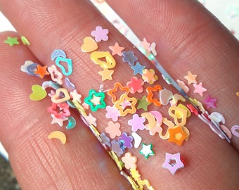 Confettis arc-en-ciel scintillants : coeurs, étoiles, formes de 3 mm - Slime & Nail Art