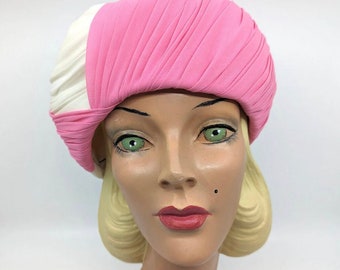 Vintage 1960s Pink & White Pleated Turban Hat Summer Mod 