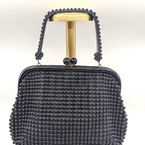 Vintage 1960s Black Beaded Bag, 60s Top Handle Evening Bag, Retro Mod Purse, Vintage 60s Kiss Lock purse