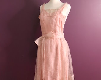 Vintage 1950s pink Dress, 50s Summer Prom Dress , Pink Organza Dress, 50s Sheer Evening Dress, 50s  Pink Satin Party Prom  Dress /Size S/Xs