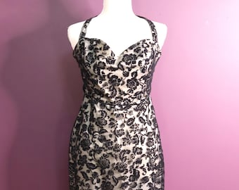 Vintage 1990s Black Devore Velvet Dress, 90s Black Illusion Pin Up Dress ,50s style dress ,Floral Velvet Halter Neck Wiggle Dress Size Xs/ S