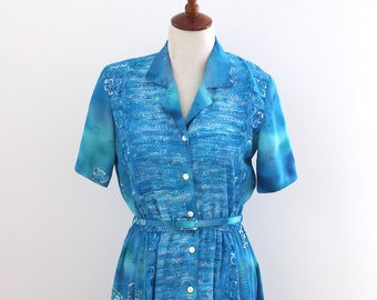 Vintage 1980s Shirt Dress ,Summer Blue Abstract Print Secretary Dress - Size S