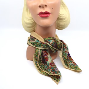 Vintage 60s 70s Silk Designer Floral Scarf, 70s Floral Anne Klein Silk Scarf , rolled hem scarf, 70s Paisley Scarf, Vintage Designer Scarf