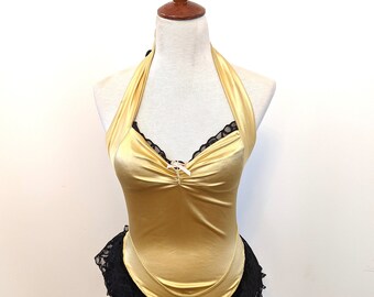 Vintage 80s Gold Lycra Showgirl Costume: Black Lace Burlesque