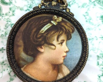 Vintage Seide Mädchen Portrait Messing Wandschild - 1980er Jahre Artitalia