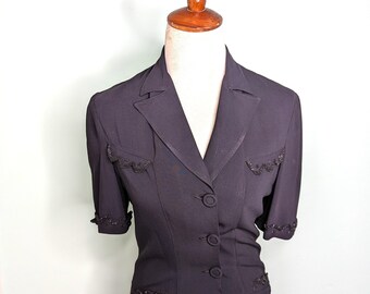 Vintage 1940s Black Beaded Rayon Short Sleeve Blouse - Art Deco Summer Top, Size S