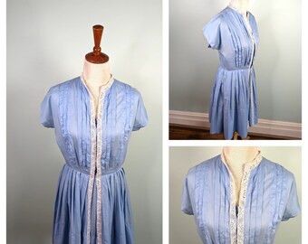 Vintage 50s Dress 1950s Cotton Dress 50s Sky Blue Pleated Full Circle Guipure lace summer dress size S