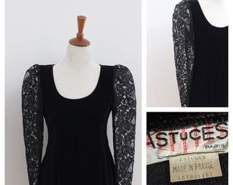 Vintage 1980s Velvet Dress, 80s  Black Lace Dress, 80s black Velvet Dress , huge puff lace long sleeves , Gothic Dress Witchy Dress Size S