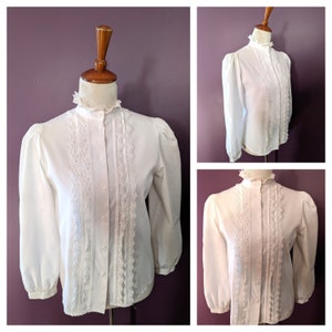 Vintage 1970s White  Blouse, Broderie Anglaise Prairie Ruffle High Neck Victorian  size 12