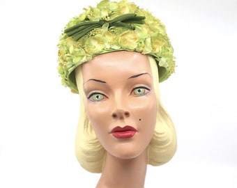 Vintage 50s Floral Hat White Green Bows Formal Round Pillbox 