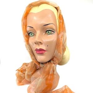 Vintage 1970s Silk Scarf, 70s Japanese Long Sheer Scarf, 70s Orange Scarf, Watercolour floral print scarf, Gift for Her