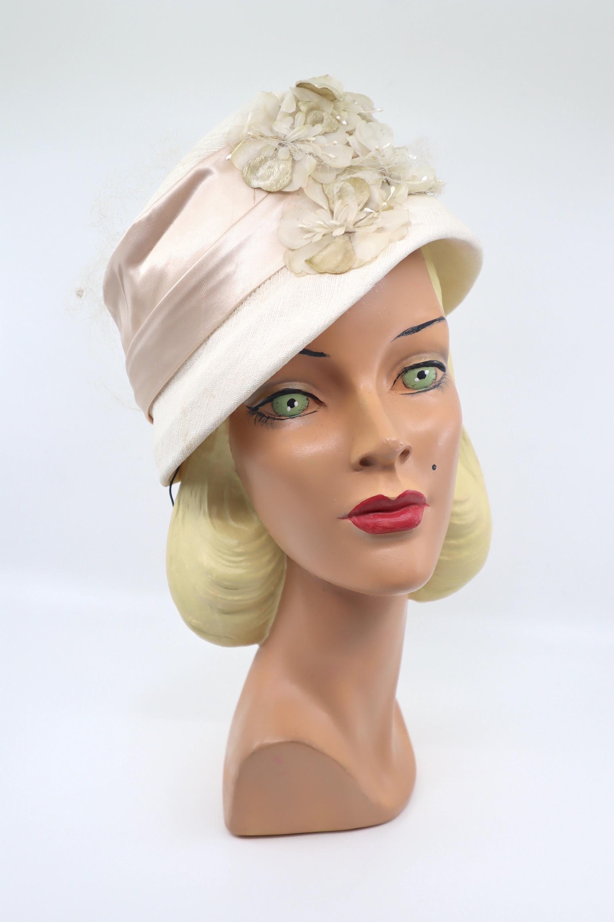 Vintage Ivory Buckram Bucket Hat: 1950s Floral Cocktail Hat 