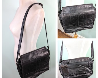 Vintage 70s 80s Black Bag , 1980s Patchwork Leather Bag, 1970s Satchel  Bag ,Retro Black Shoulder  Bag 80s Boho Bag 70s Boho Leather Purse