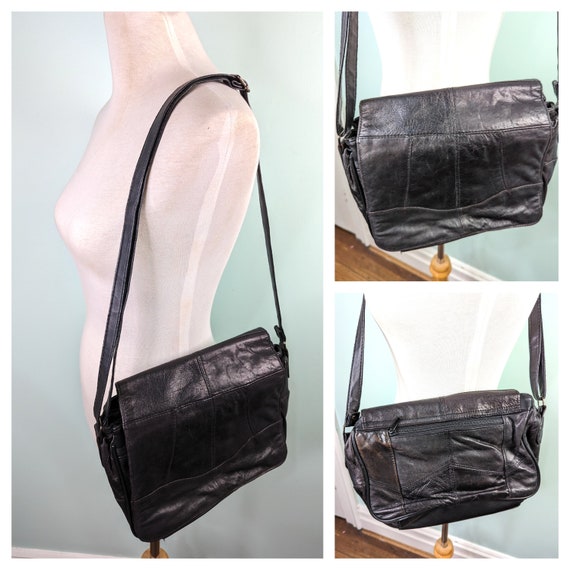 Vintage 70s 80s Black Bag , 1980s Patchwork Leath… - image 1