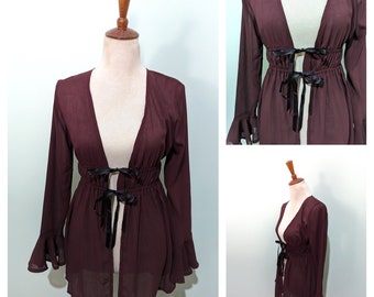 Vintage 1990s Burgundy Blouse, 1990s Miss Shop Blouse, Bows Blouse, 90s Bell sleeve top, 90s tie front top, Whimsigoth Babydoll Top - Size S
