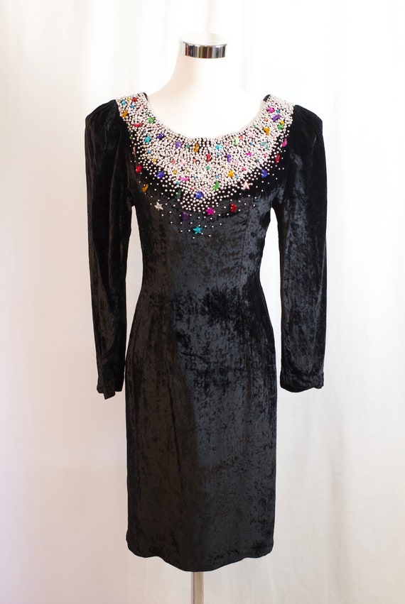 Vintage 1980s Velvet Dress, 1980s Black Embellish… - image 2