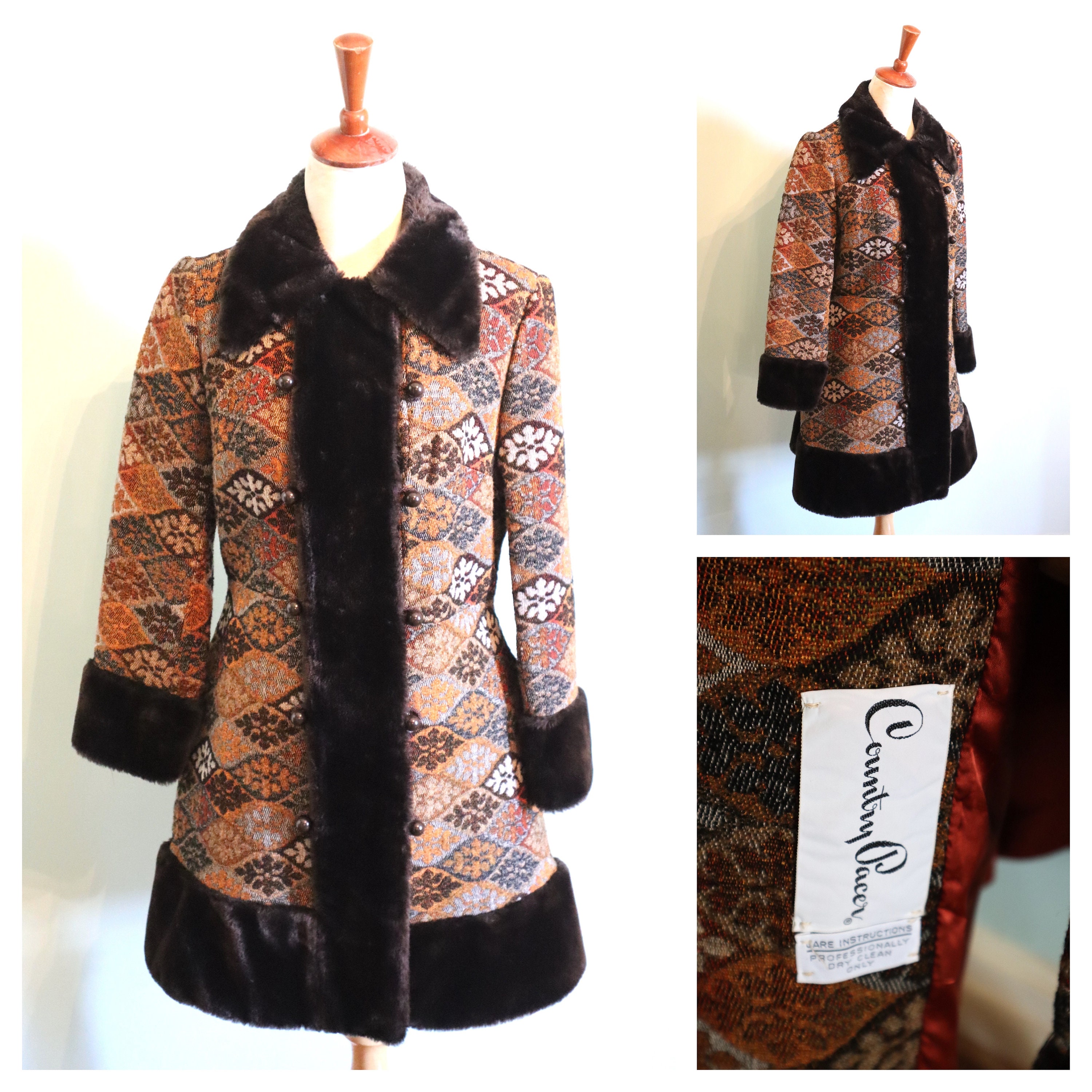 70s COUNTRY PACER tapestry penny lane shearling trim coat L